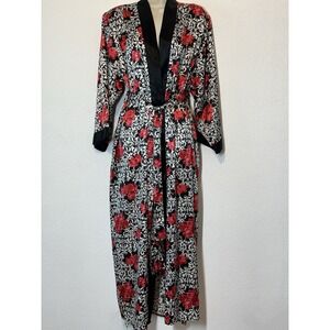 Vintage‎ J.O. Intimates 80s Black Red Satin Floral Robe Long M/L Asian Inspired